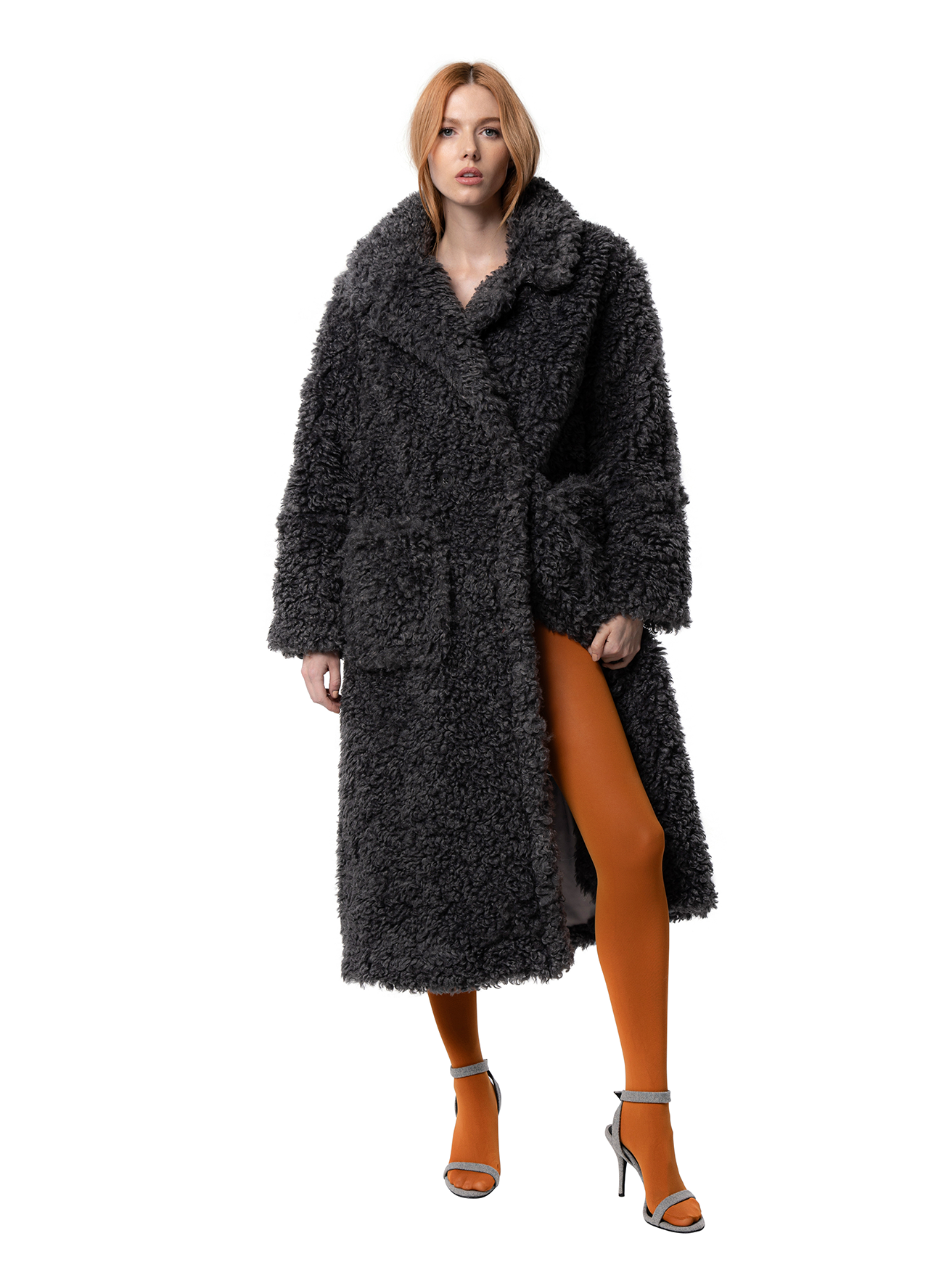 Front view — front of tailored faux fur coat in deep shadow grey, featuring a streamlined silhouette and soft texture.