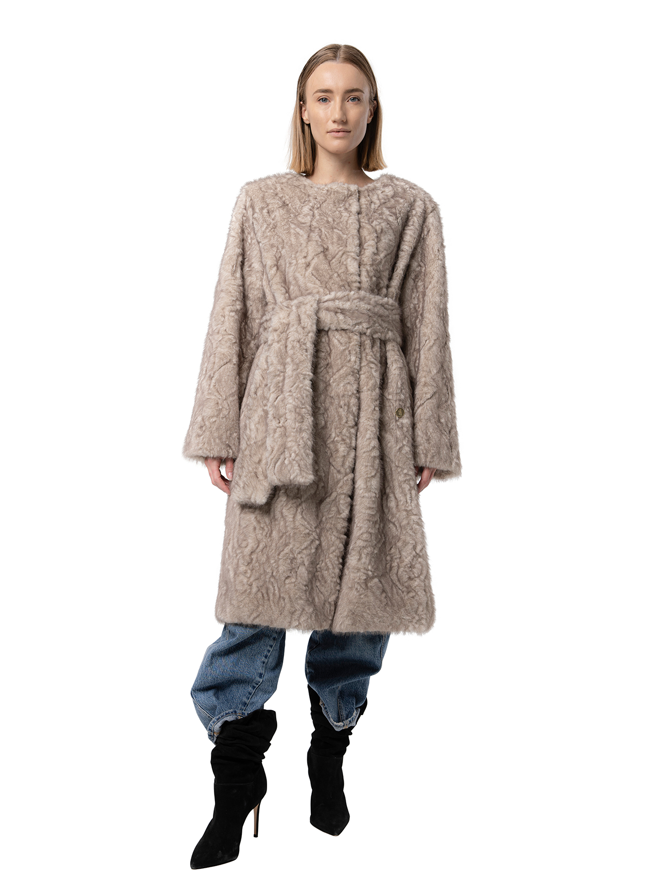 STELLA coat in Husky — front view of mid-length faux fur coat in a cool grey tone, featuring an oversized belt and softly structured shoulders.