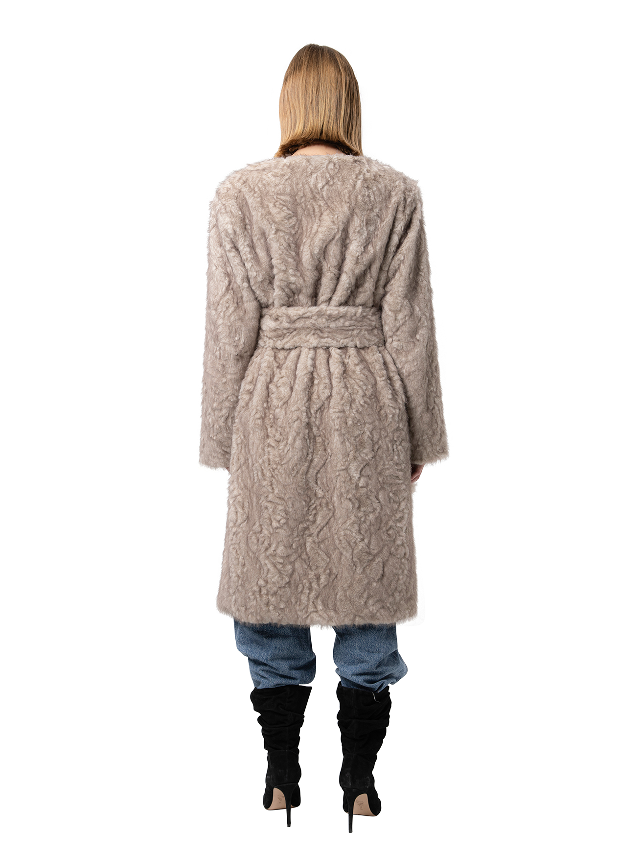 Back view — STELLA coat in Husky seen from behind, showcasing the straight hem, soft grey tone, and oversized belted silhouette.