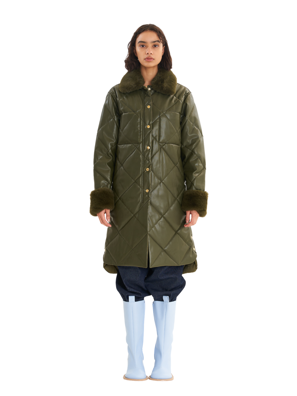 Kym Olive Green Sustainable Cold Weather Parka Quilted Long Vegan Leather Coat