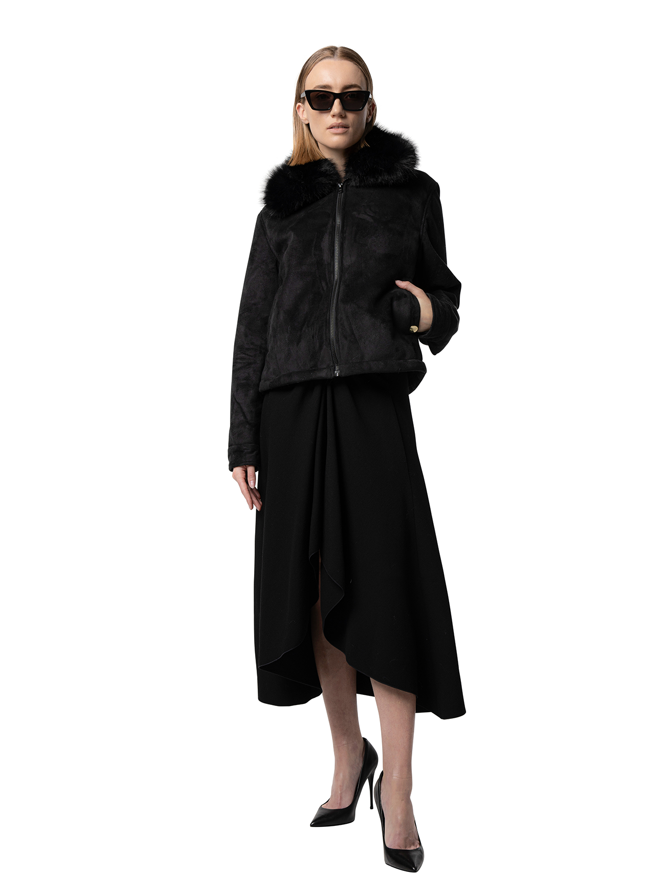 LUNA coat in Twilight — front view of deep grey faux fur coat featuring a relaxed fit and wide lapels.