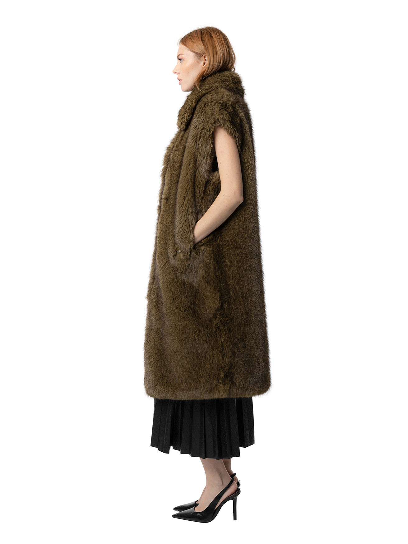 Side view — KIT in Olive shown from the side, highlighting the plush cruelty-free faux fur and clean lines of the relaxed fit.