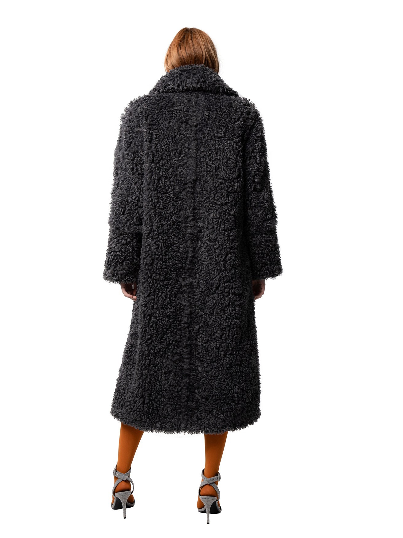 Back view — RUE coat in Shadow seen from behind, showcasing the minimalist design and rich shadow-grey tone.