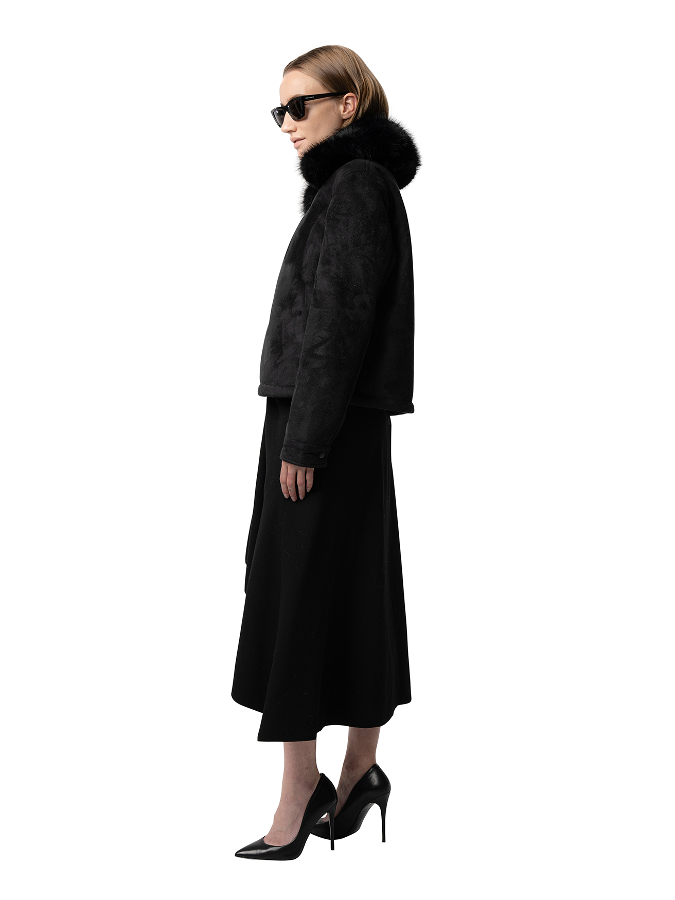 Side view — LUNA in Twilight shown from the side, highlighting the plush cruelty-free faux fur and flowing silhouette.