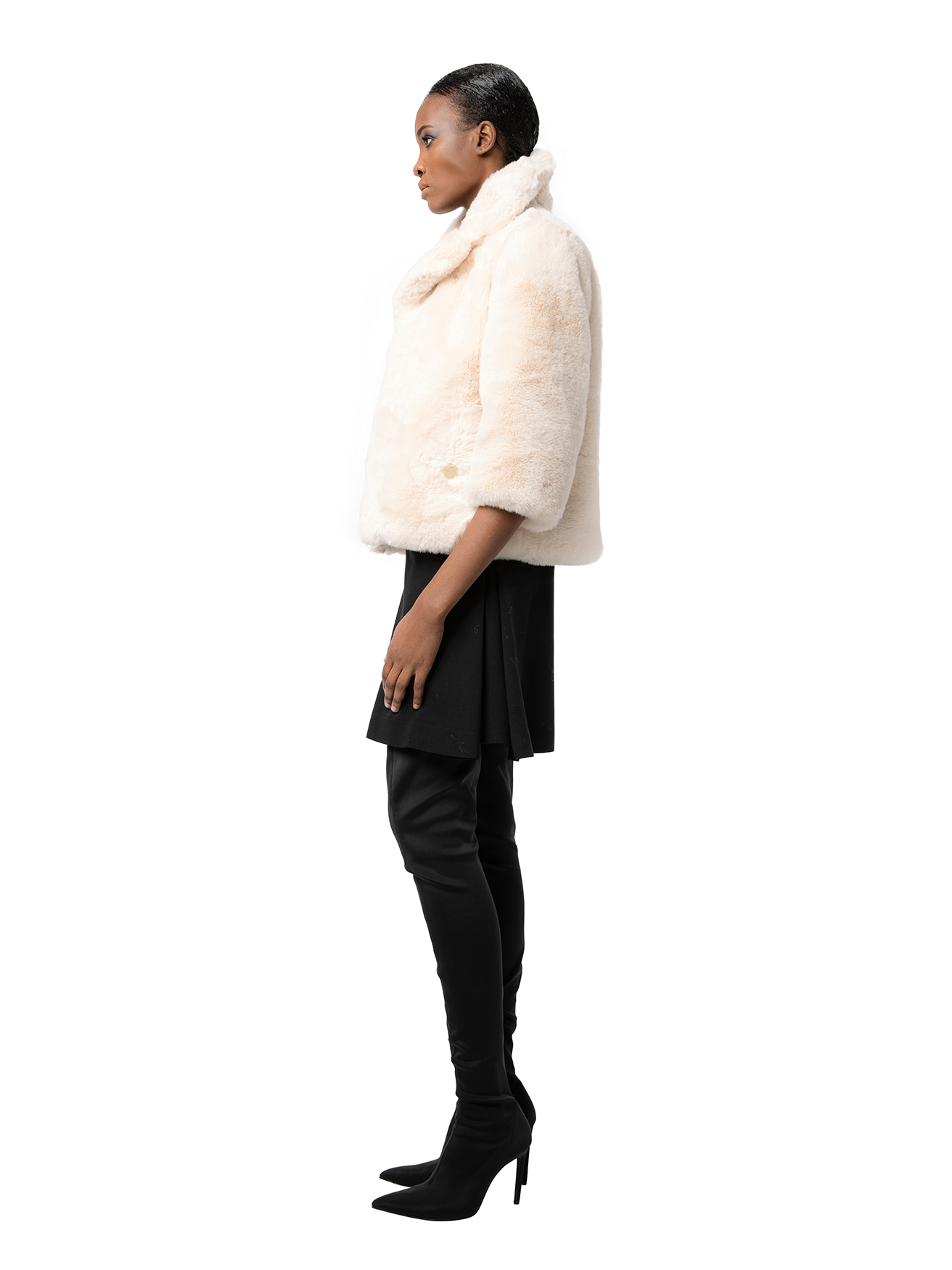 Side view — WENDY in Pearl shown from the side, highlighting the plush cruelty-free faux fur and elegant silhouette.