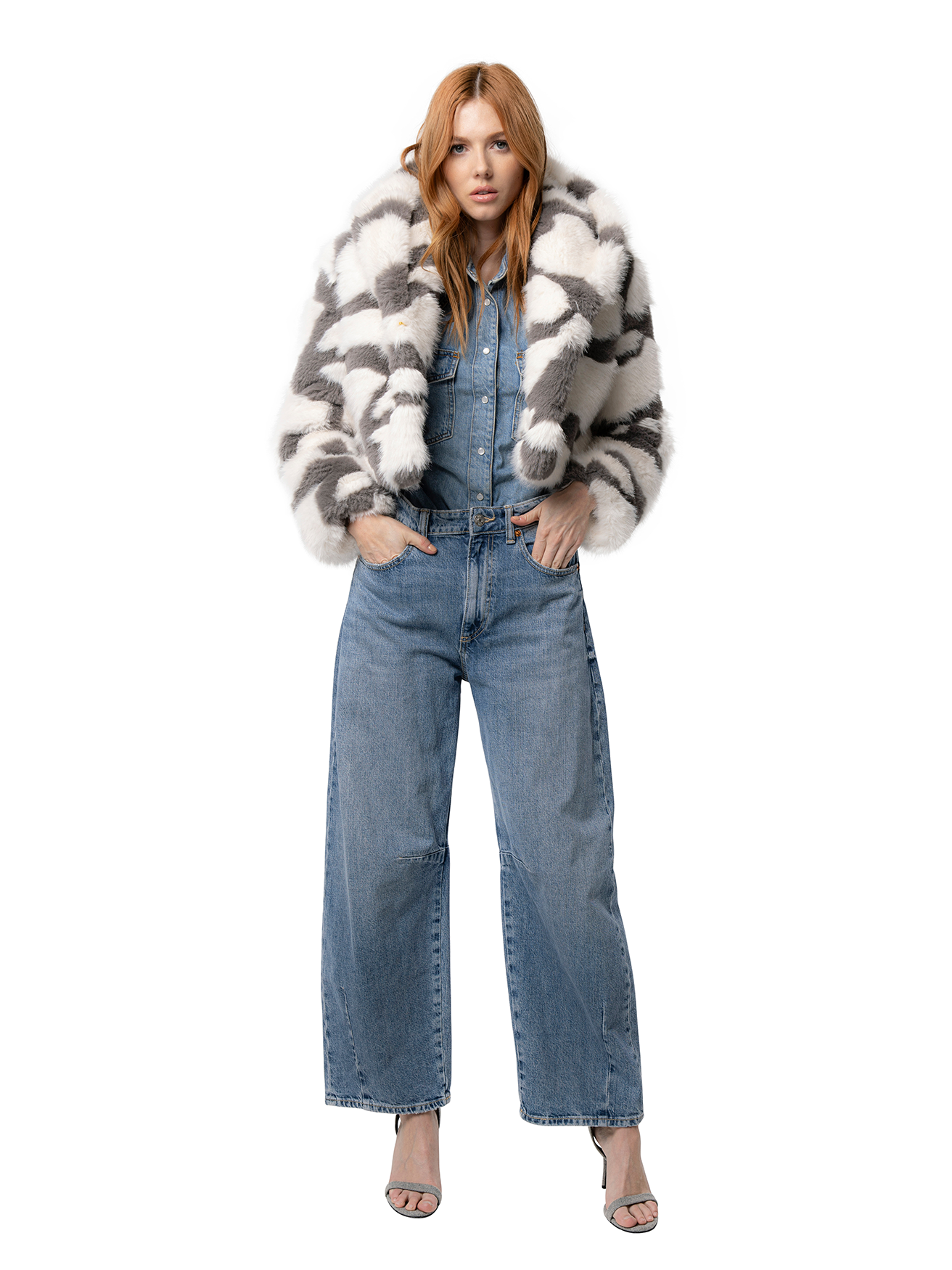 GEMMA coat in Grey Camo — front view of patterned faux fur coat featuring a muted grey camouflage print and relaxed fit.