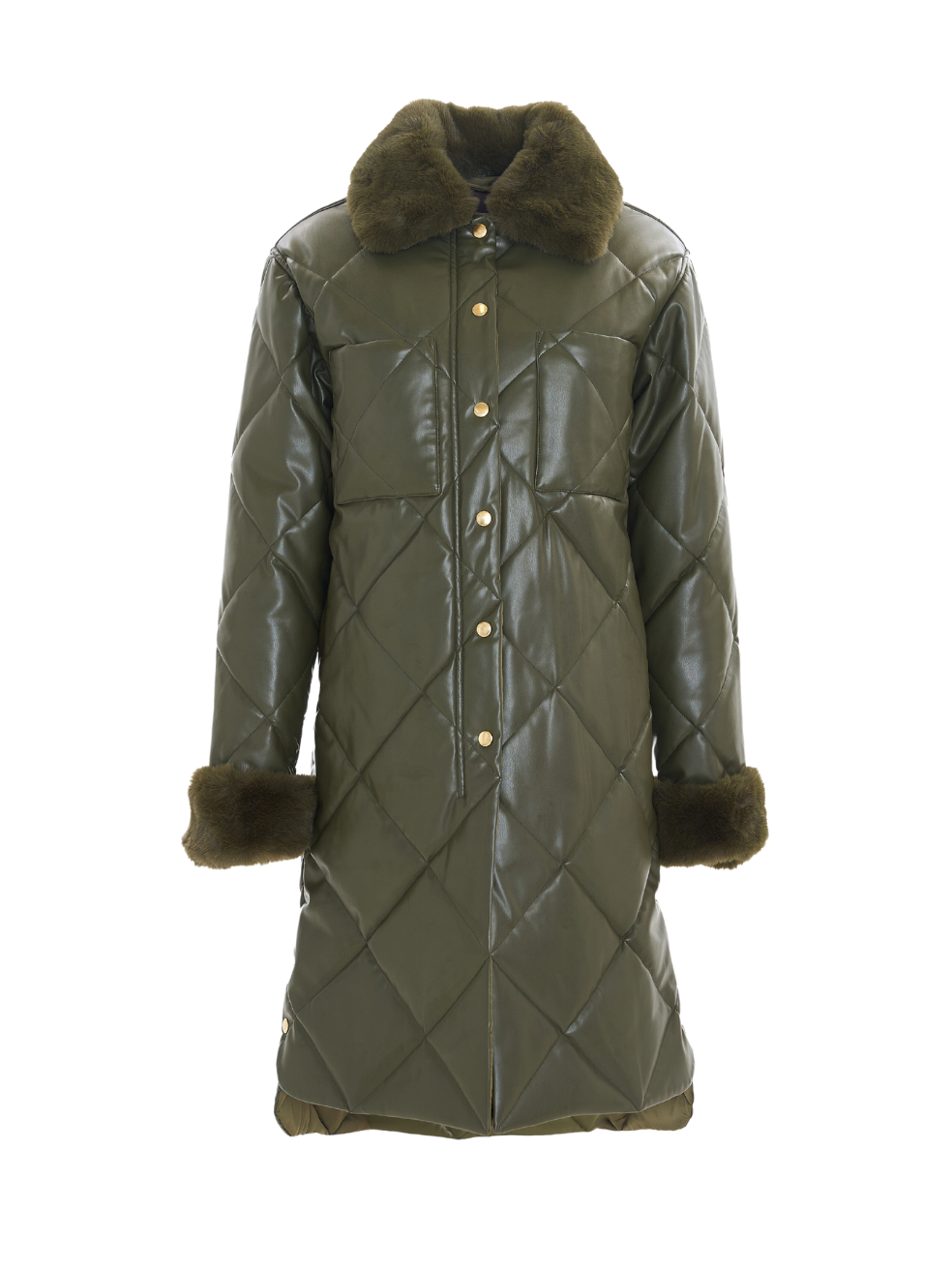 Kym Olive Green Vegan Fur Leather Quilted Button Front Jacket Made in Canada