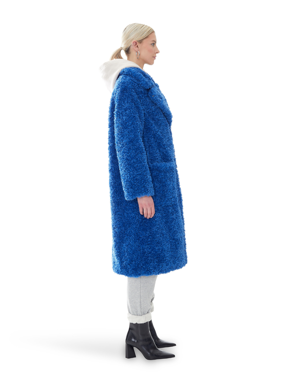 Ruby Lapis Blue Full Length Teddy Coat Animal Free Sherpa Sustainable Made in Canada