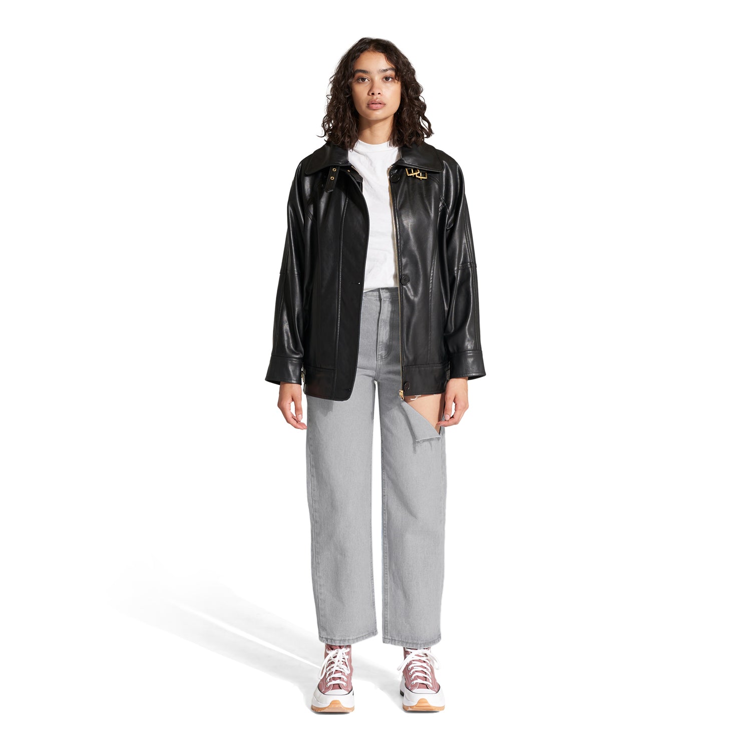 Stormi Black Vegan LLeather Zip Front Bomber Jacket