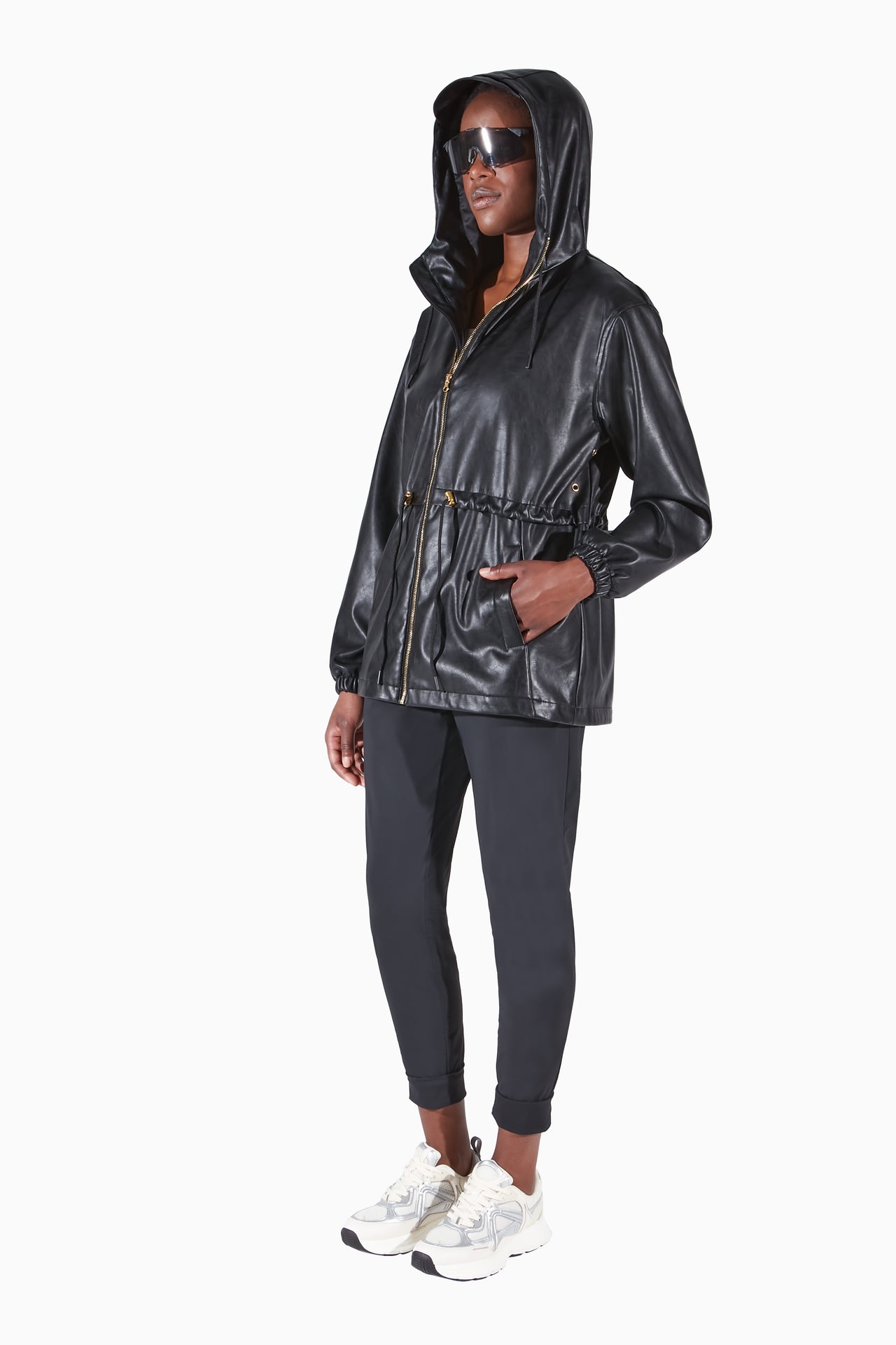 Matte Black Canadian Made Cinched Rain Jacket Vegan Leather Robbie Stormi Black