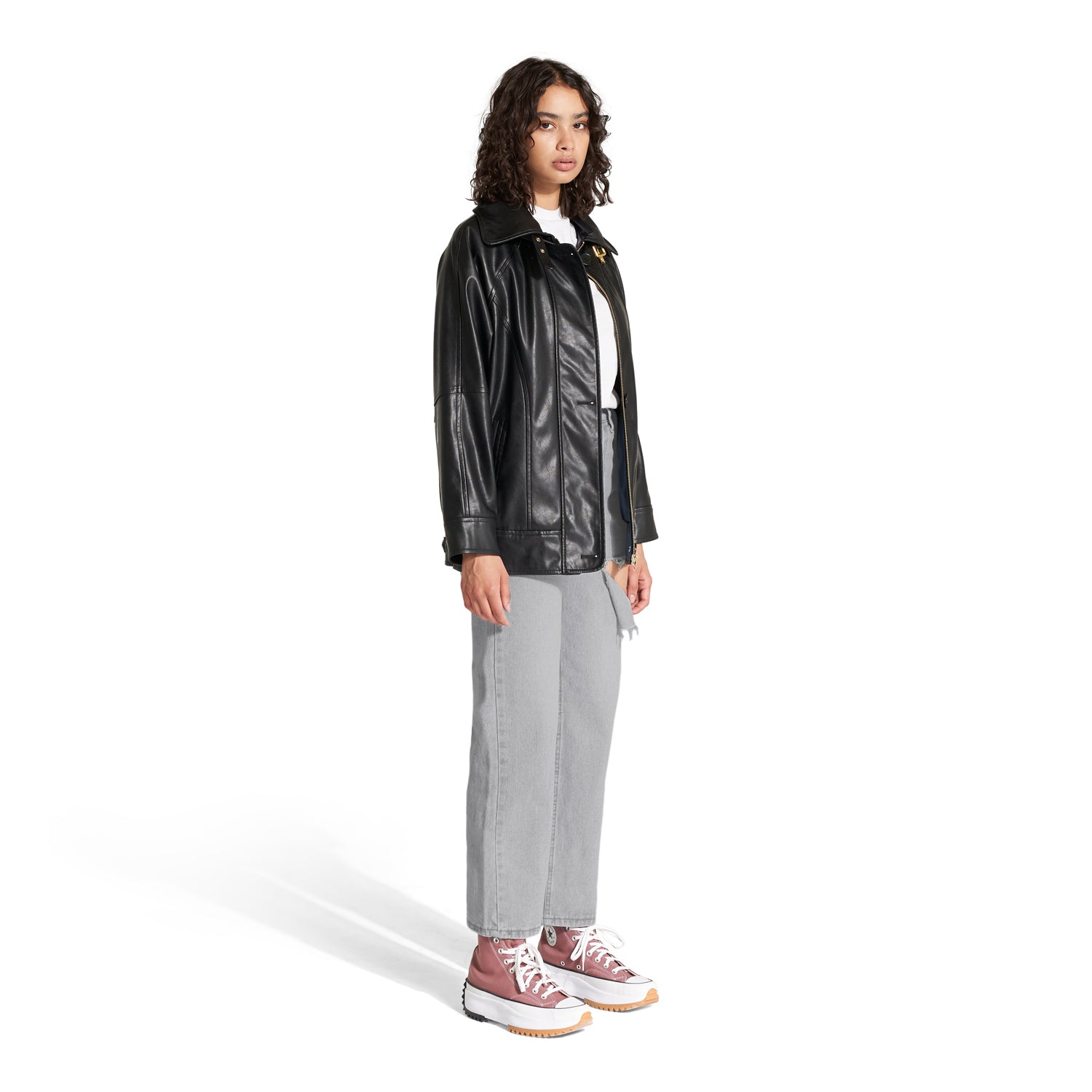 Stormi Black Vegan LLeather Zip Front Bomber Jacket Side