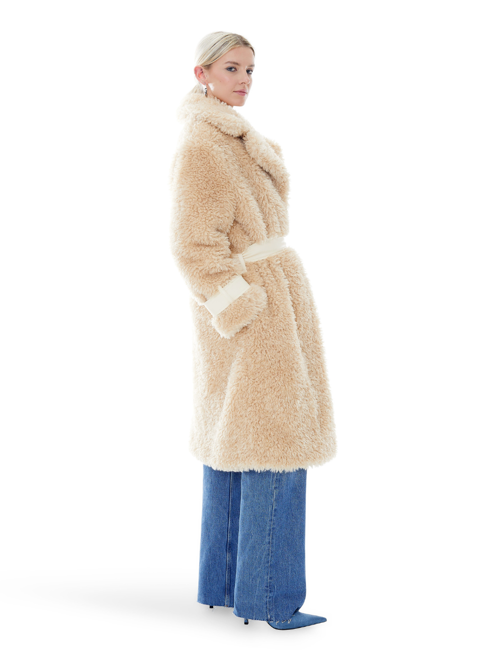 Violet Sandy Canadian Made Luxury Outerwear Belted Sherpa Long Coat Teddy Vegan Fur Leather Beige