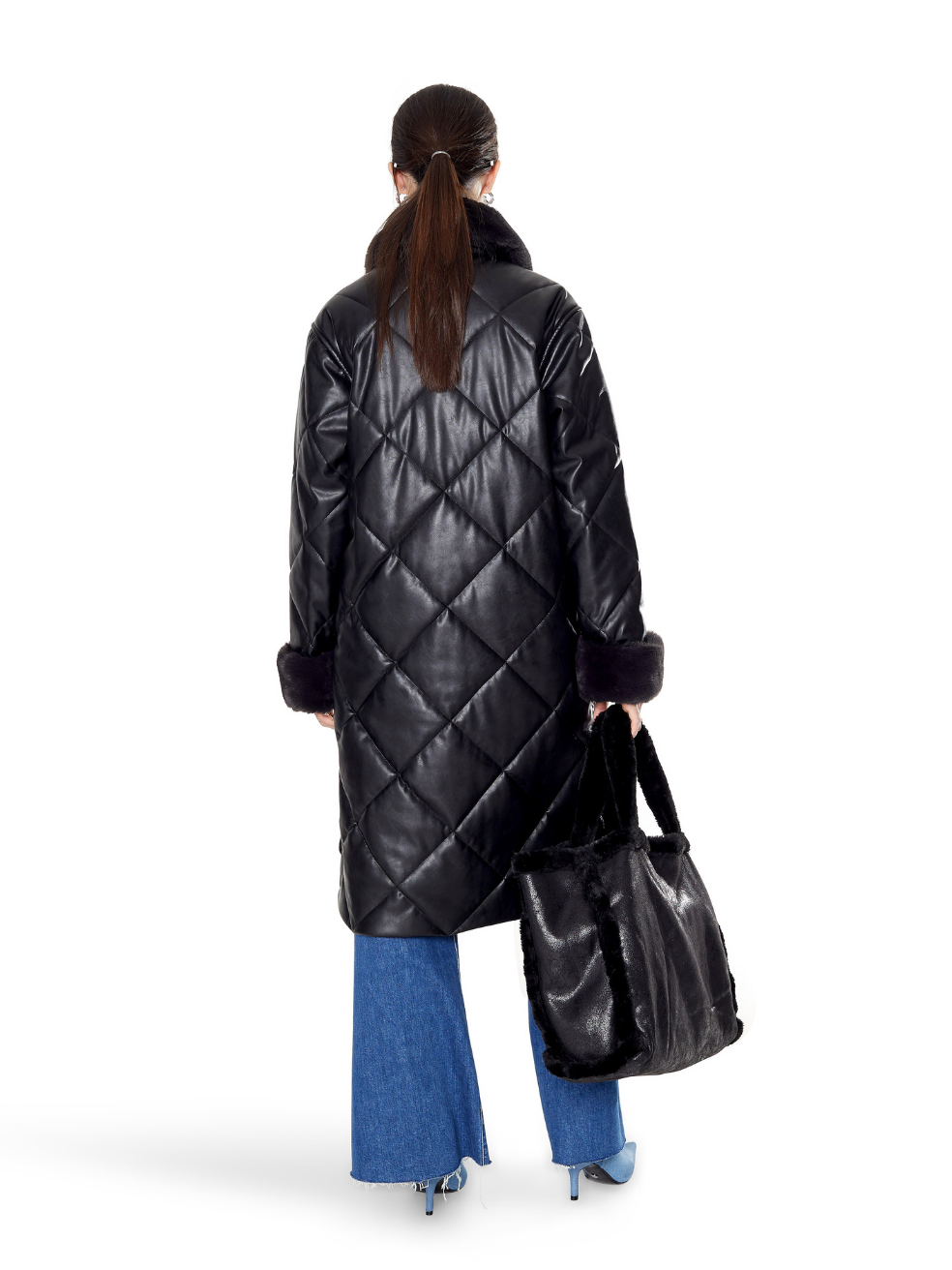 Kym Stormi Black Slow Fashion Outerwear Vegan Leather Fur Matte Quilted Long Coat