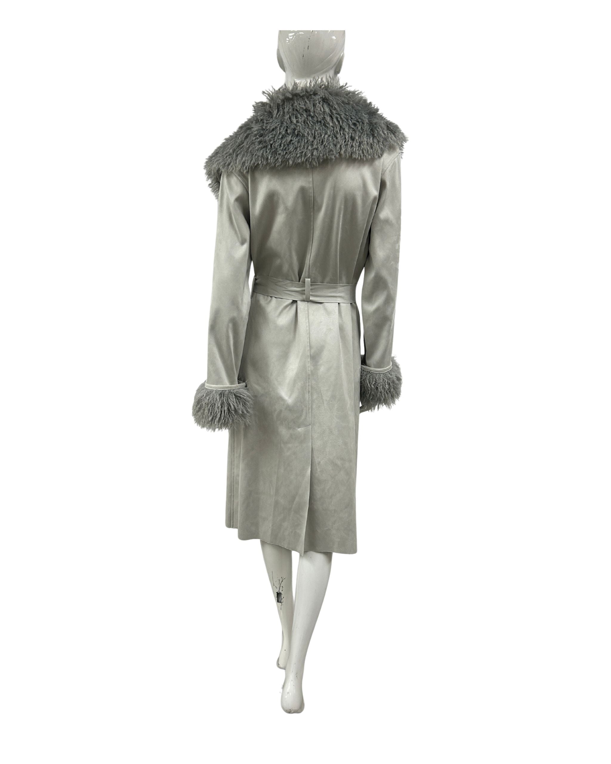 Back view Vegan suede wrap coat with cruelty free fur trim