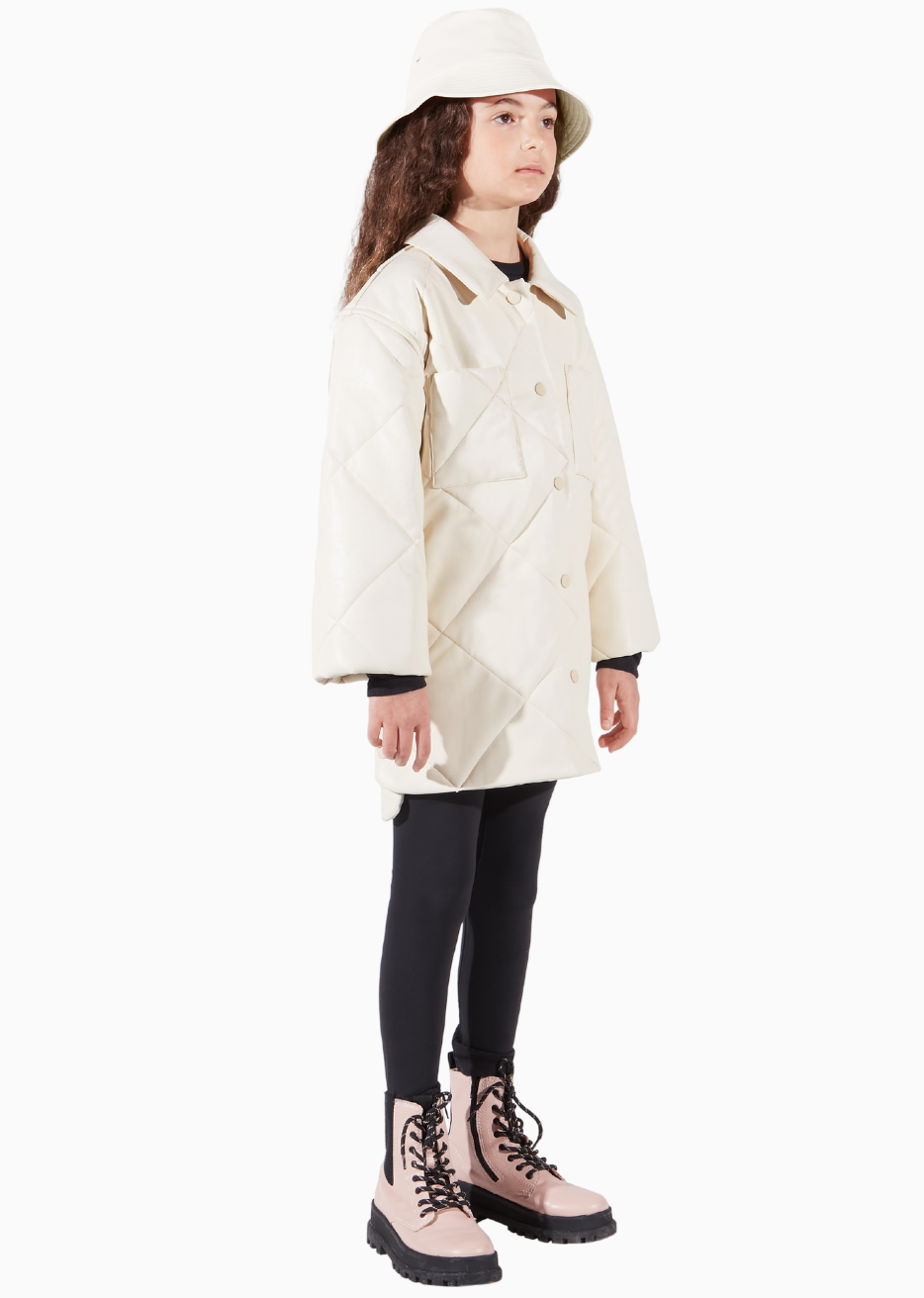 Charlie Champagne White Childrens Quilted Shacket Made in Canada Vegan Leather 