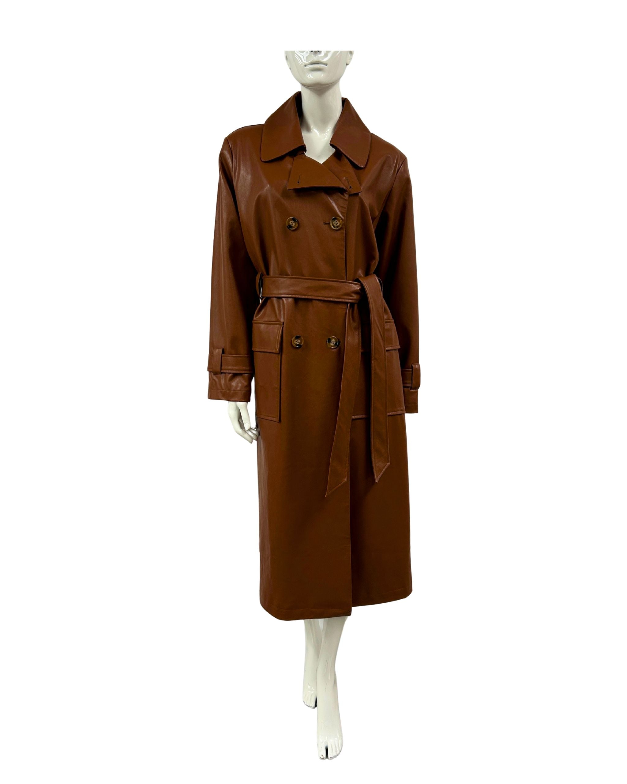 Glossy sienna vegan leather trench coat with double-breasted button closure and self-tie belt