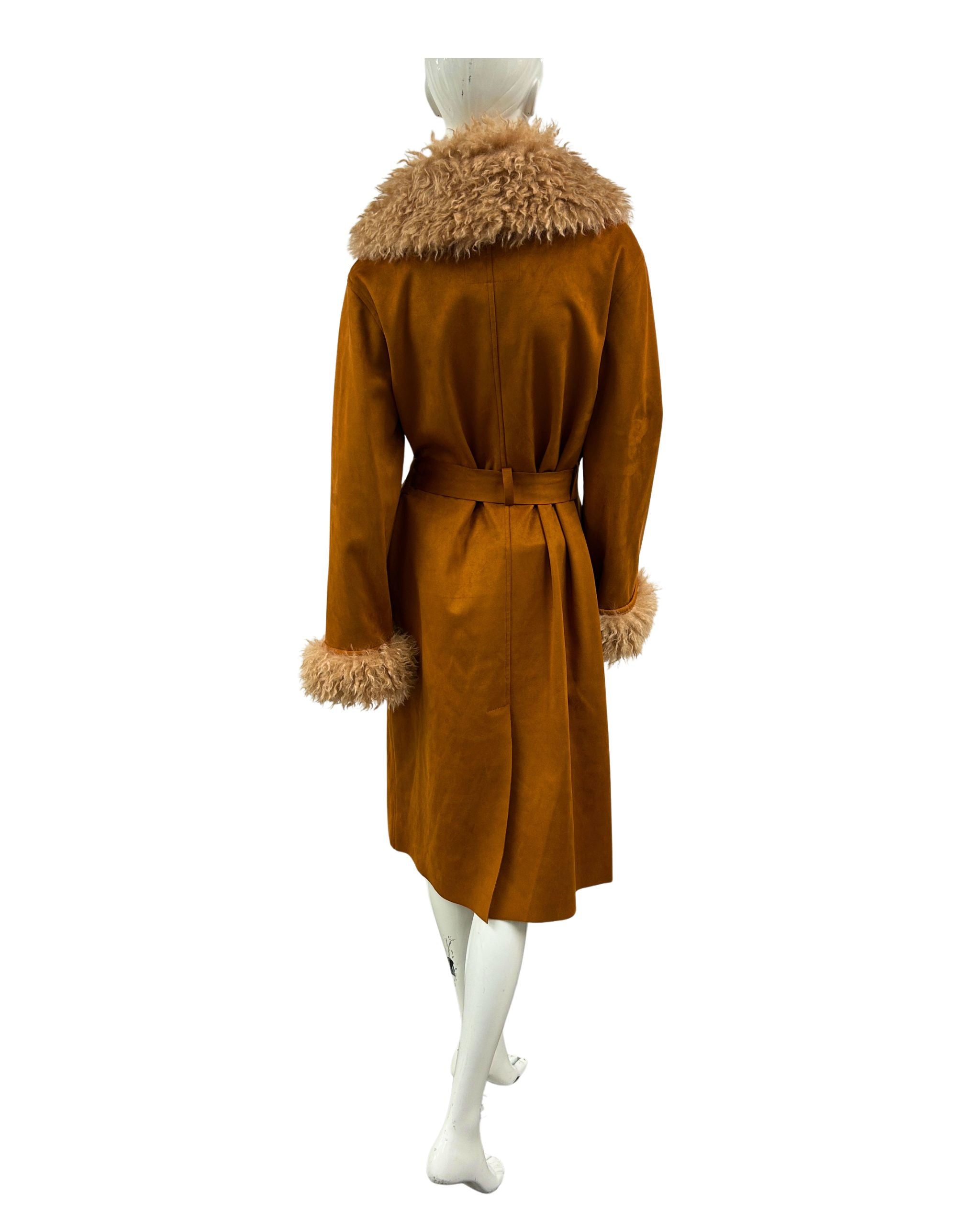 Brown coat with fur trim on a mannequin against a white background