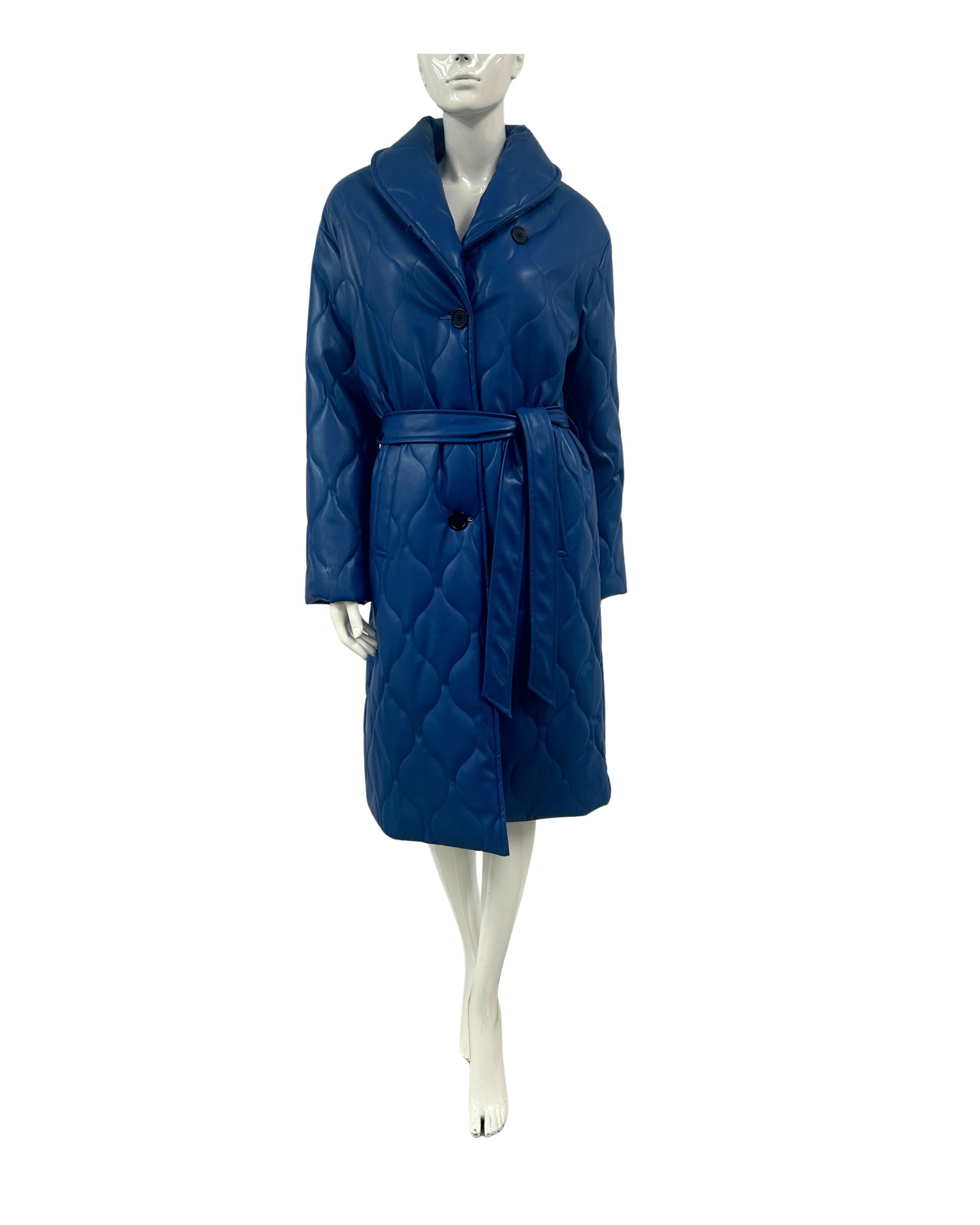 Quilted Vegan Leather Coat - Cobalt