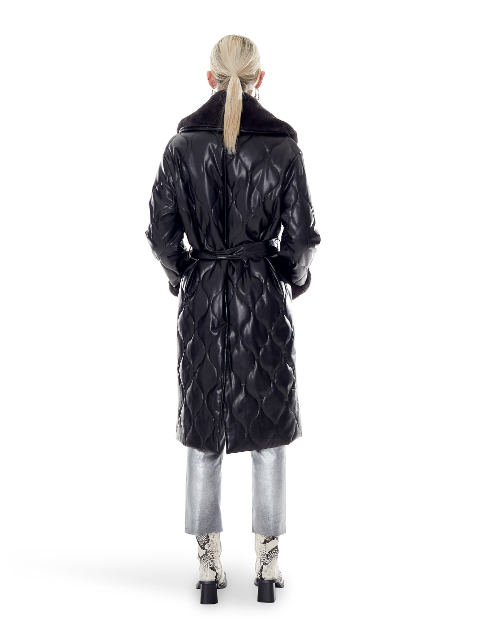 Carrie Stormi Matte Black Zero Waste Vegan Outerwear Faux Leather Fur Long Coat Quilted Sustainable