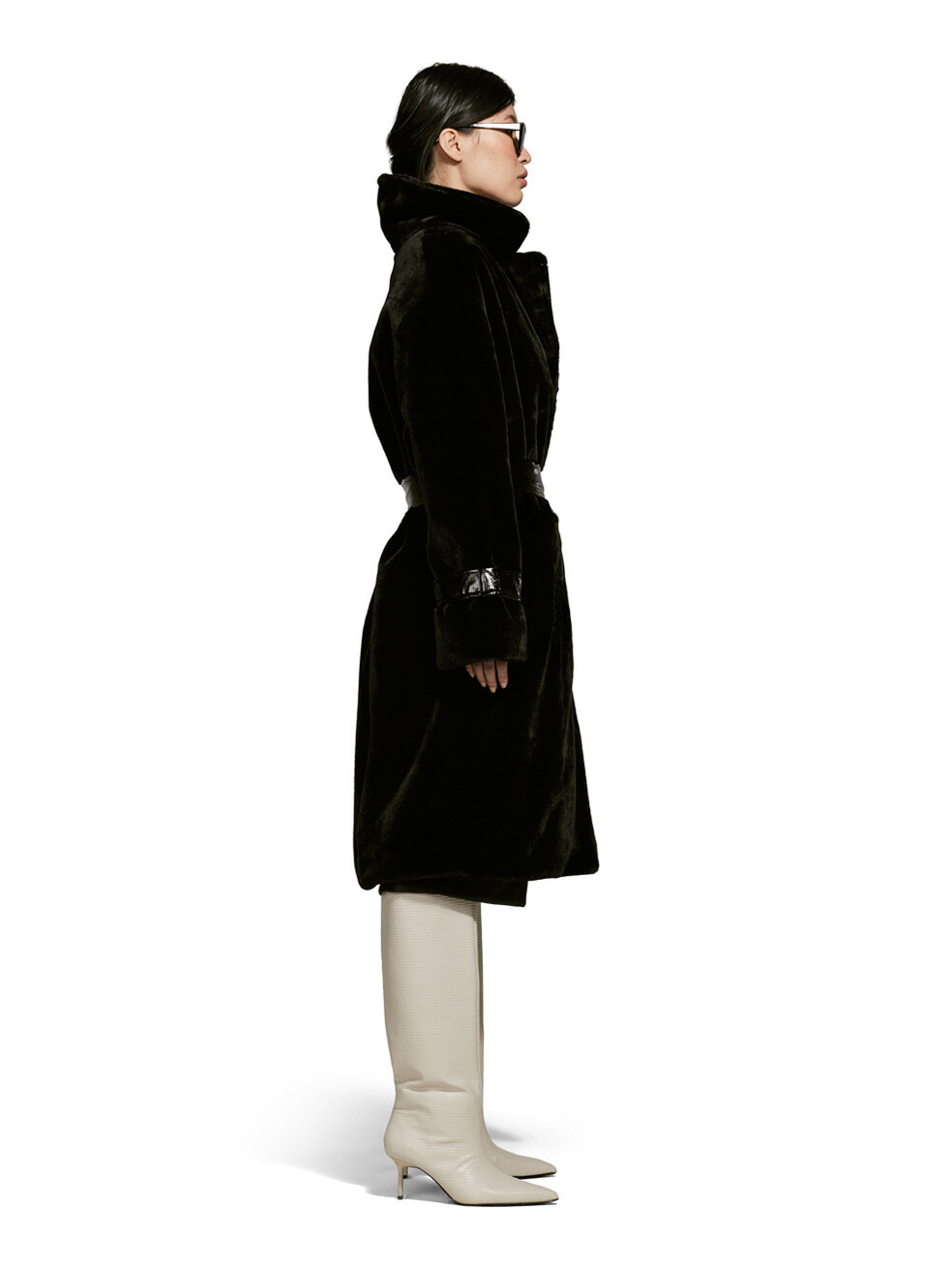 Violet black belted sustainable zero waste vegan fur long coat cold weather