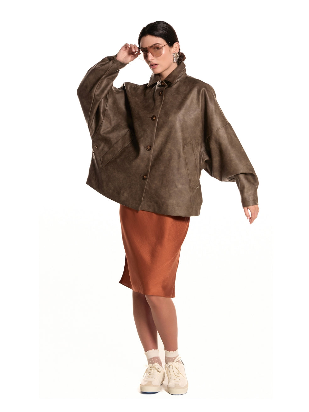 Ryder batwing coat oversized sleeves vintage brown distressed vegan leather spring