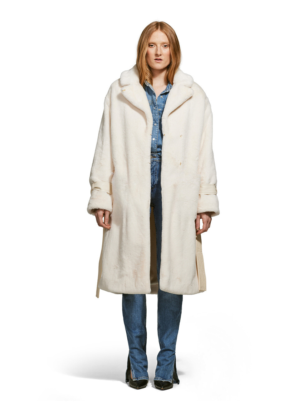 Violet White Cream Ethical Faux Fur Long Coat Cold Weather Made in Canada Vegan Leather