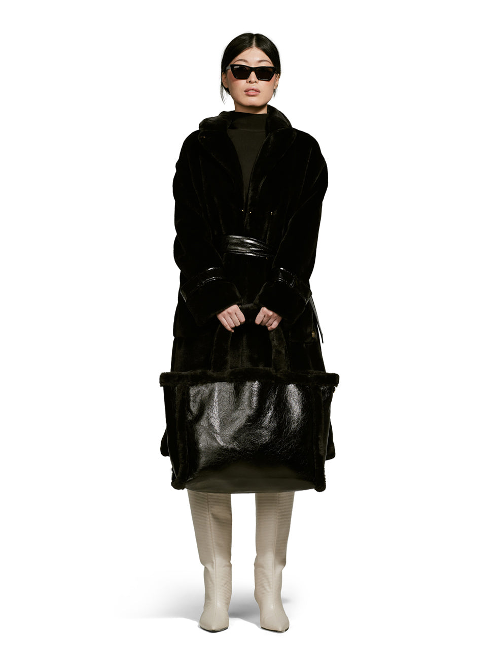 Violet Black Long Vegan Fur Leather Coat Slow Fashion Luxury  Outerwear