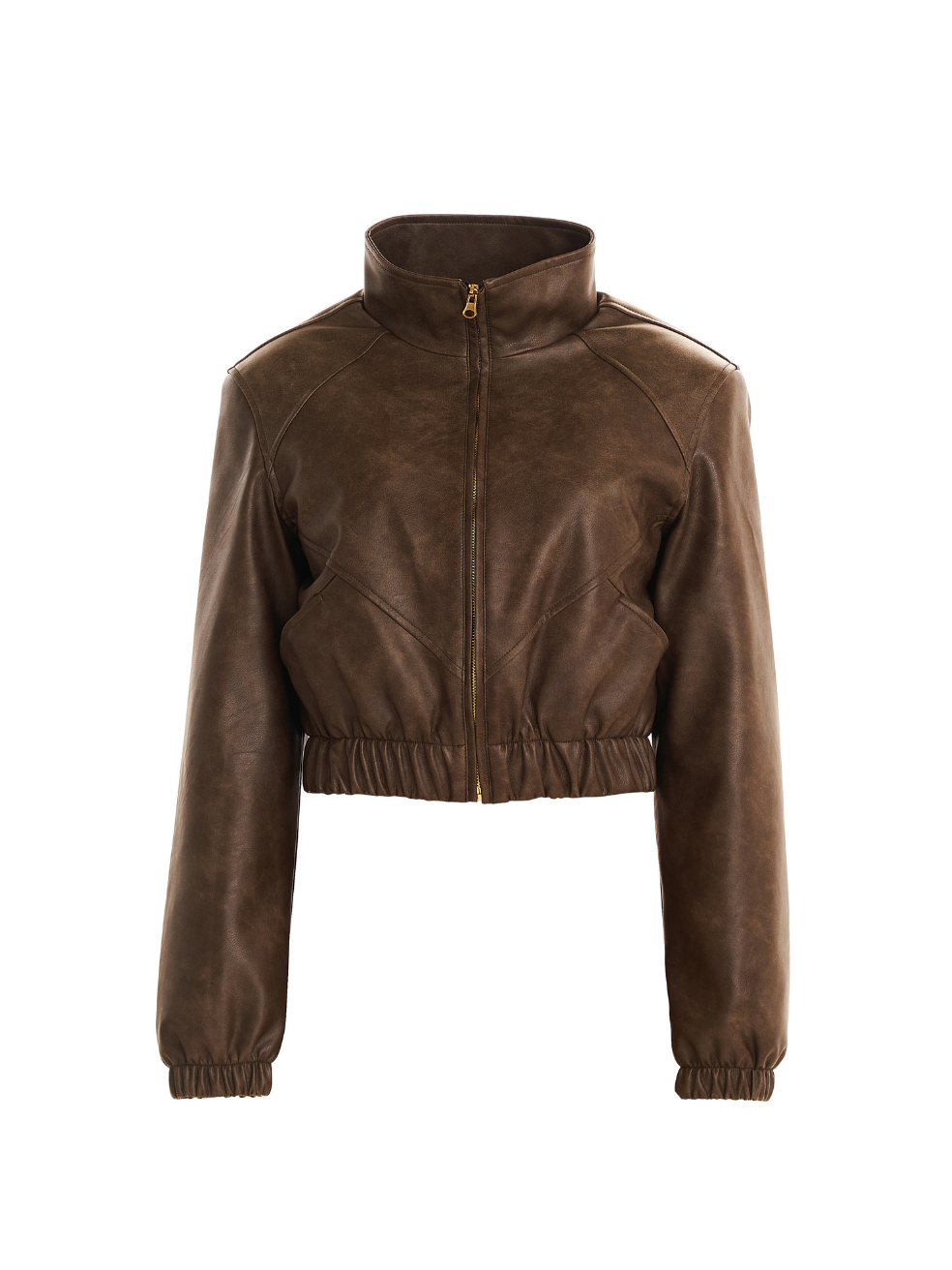 Cropped bomber jacket faux leather vintage brown distressed responsible fashion ethical