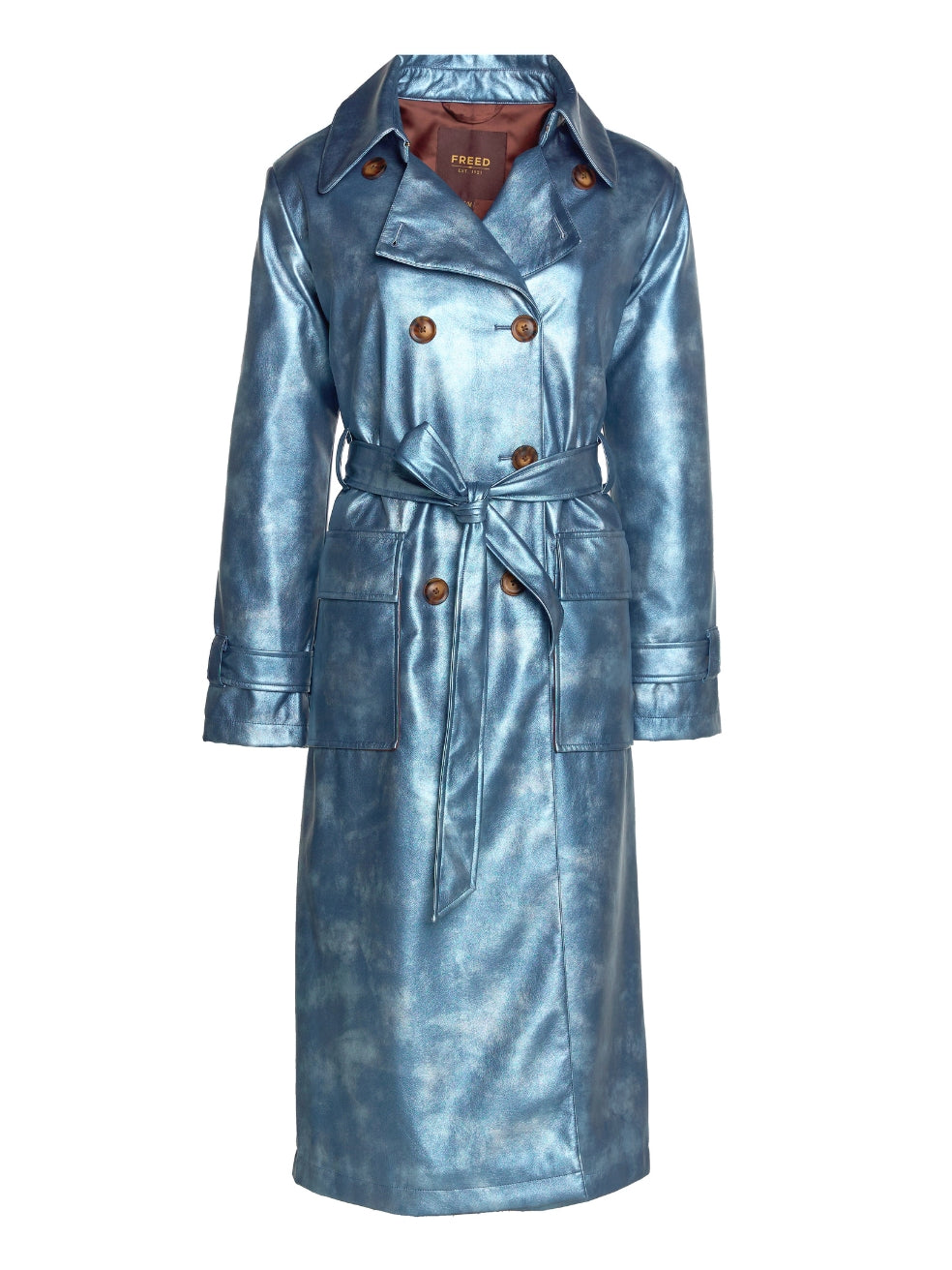 Gina trench coat long sustainable vegan leather outerwear luxury bombay blue metallic
