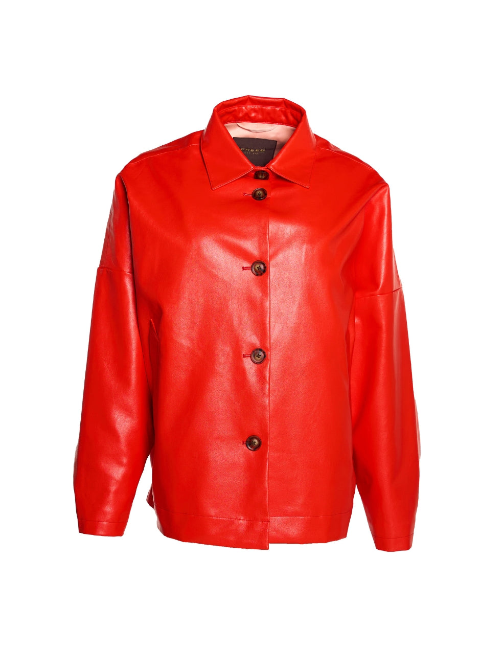 FREED ryder coat red tart vegan leather zero waste outerwear 