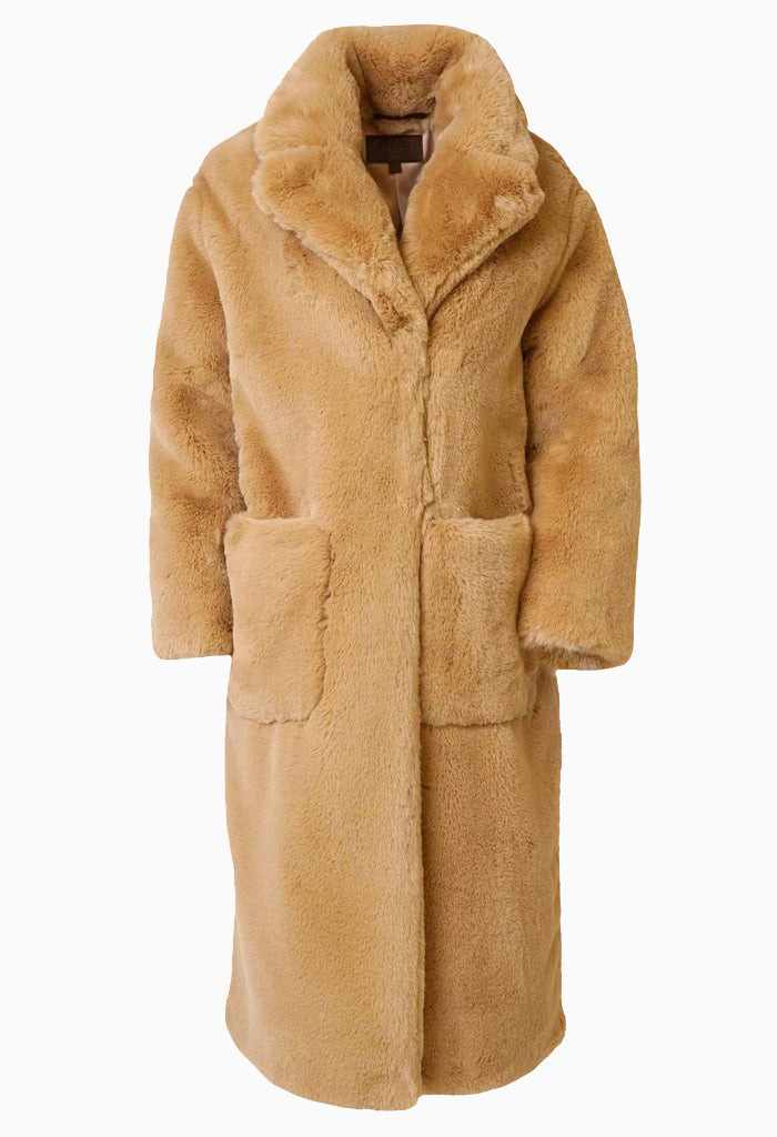 LILY - SAND FAUX FUR COAT OVERSIZED, DOUBLE-BREASTED