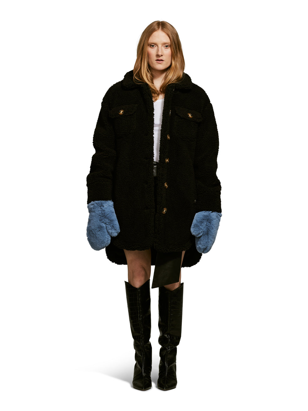 Model wearing the Ash, a teddy-inspired faux-fur sherpa shell with a laid-back silhouette in Charcoal.