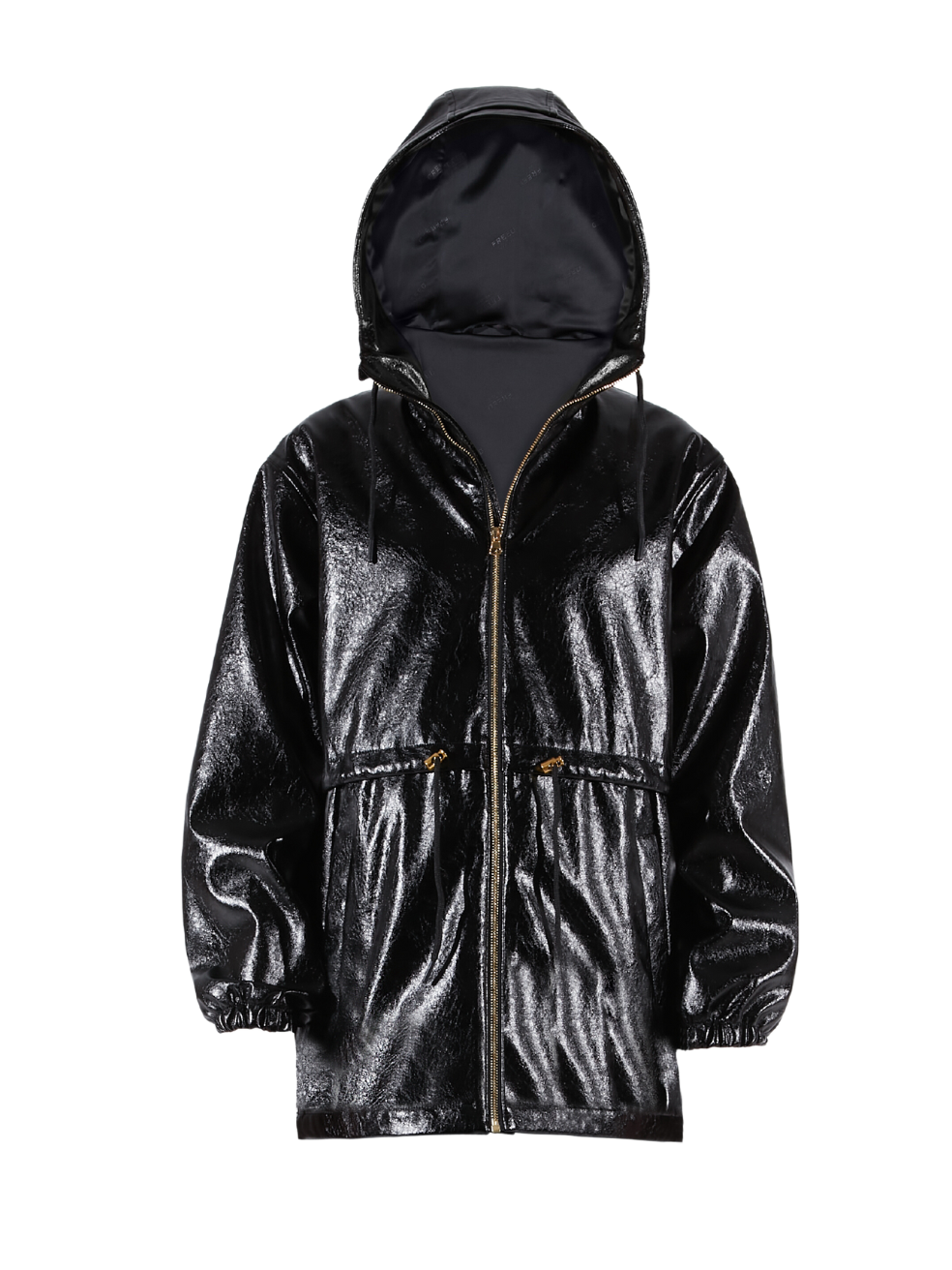 Animal Free Leather Shiny Cinched Hooded Raincoat Robbie Black