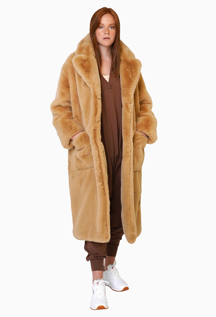 LILY - SAND FAUX FUR COAT OVERSIZED, DOUBLE-BREASTED