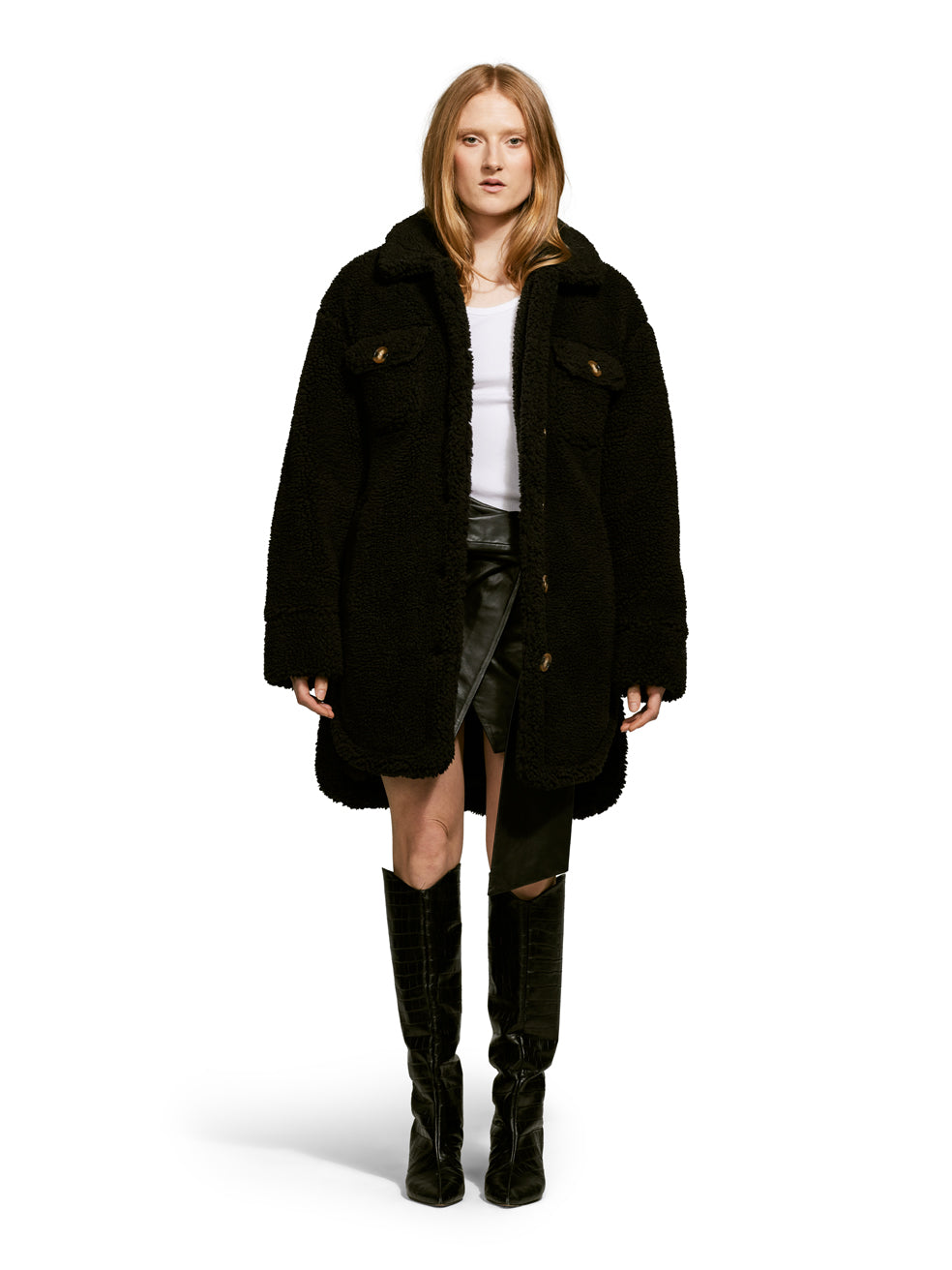 Model wearing the Ash, a teddy-inspired faux-fur sherpa shell with a laid-back silhouette in Charcoal.