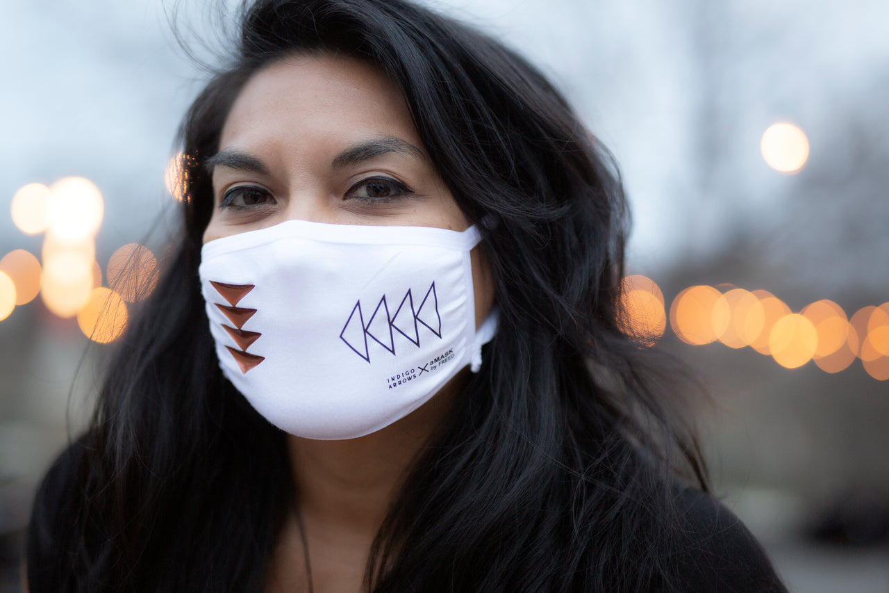 Made in Canada white adult breathable face mask with Indigenous design.
